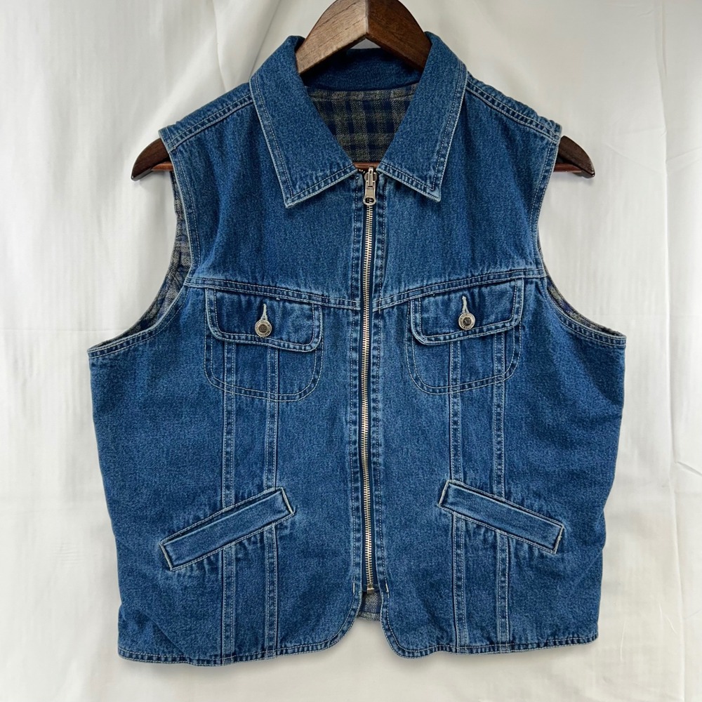 St. John's Bay Denim Vest Womens M Blue Flannel Lined Zip Up Utility